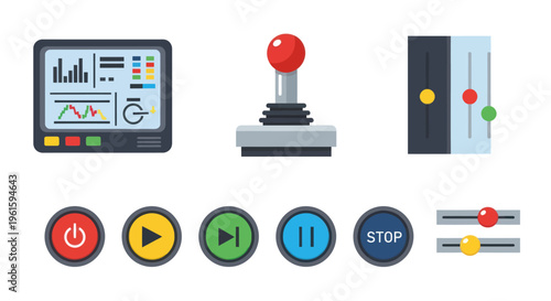 Retro Gaming and Control Panel Icons: Joystick, Monitor, Sliders, Buttons