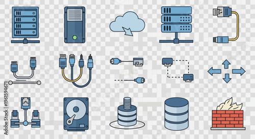 Computer Network Technology Icons Set: Servers, Cloud, Cables, Hard Drive, Firewall