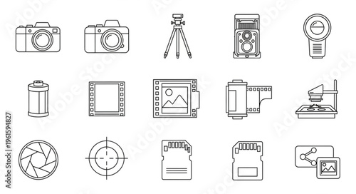 Collection of photography equipment and accessories, line art style, isolated on white background.