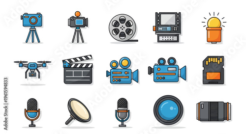 Filmmaking and Videography Icons: Camera, Drone, Microphone, Lens, SD Card, Clapperboard