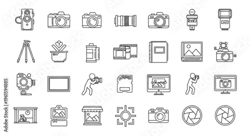 Collection of photographic equipment and related items in a sketch style.