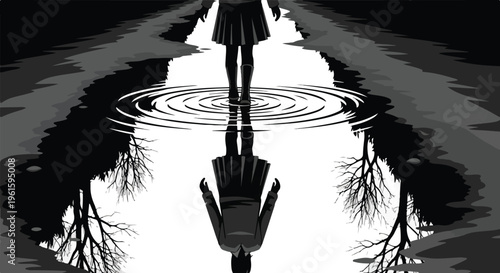 A woman in a skirt standing on a puddle of water, creating ripples, with a tree reflection in the background, in a moody and contemplative atmosphere.