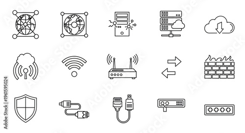 Collection of network and internet technology icons for digital communication.