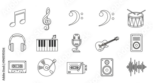 Collection of musical instruments and audio equipment in artistic sketch style.