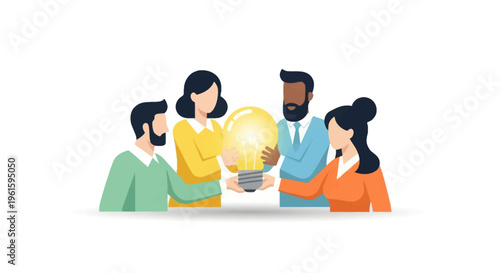 Diverse team shares bright idea, holding illuminated lightbulb