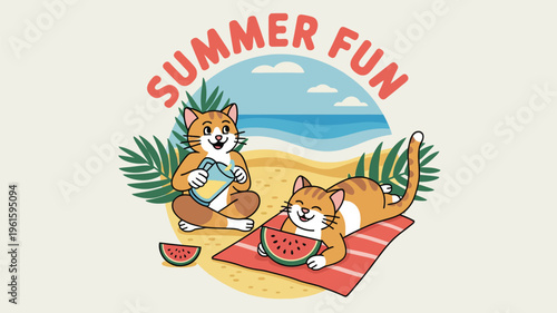 Two cartoon cats on a beach enjoying summer fun with watermelon