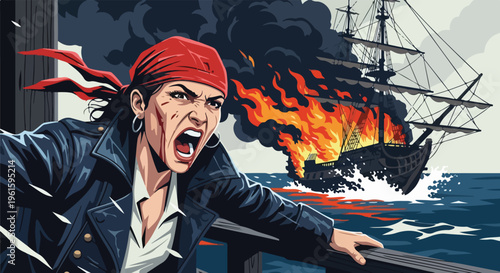 A determined woman in a red bandana and blue jacket leaning over the edge of a ship, looking worried as another ship burns in the background amidst turbulent water.