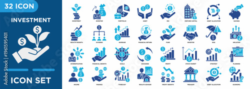 Investment icon set illustrating investor, portfolio, asset, roi, venture capital, asset allocation, savings, and corporate projects. Solid icons