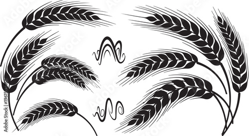 Black and white illustration of wheat ears and abstract lines