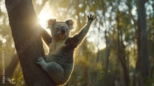 Koala Waves Hello From Sunny Tree Branch