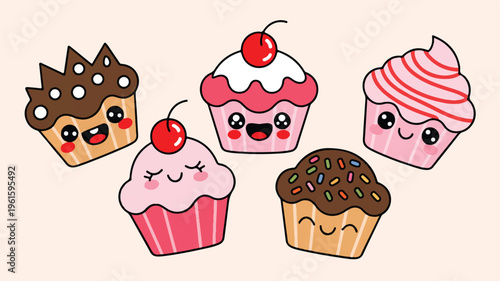 Delightful Cupcakes: A charming collection of five adorable cupcakes, each with a unique design, embodying a sense of cuteness. These illustrations evoke happiness.