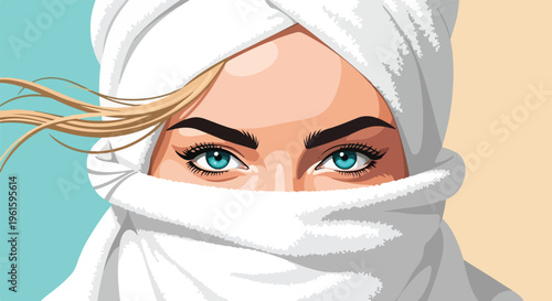 Illustration of a woman wearing a white headscarf, partially covering her face, with blue eyes and blonde hair blowing in the wind against a colorful background.