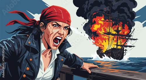 A determined woman wearing a red bandana reacts dramatically while standing on a ship amidst a fiery vessel sinking in the turbulent water.