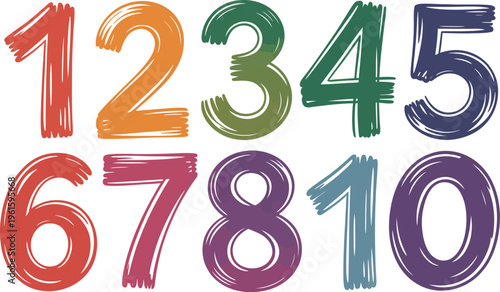 The numbers from one to ten are rendered in a charming hand-sketched style using a variety of vibrant colors.