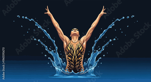 A woman in a swimsuit playfully jumps into the water with arms raised, surrounded by splashes against a dark background.