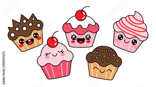 Kawaii Cupcakes: An adorable ensemble of charming cupcakes with expressive faces, featuring a variety of flavors and delightful toppings, ready to sprinkle joy.