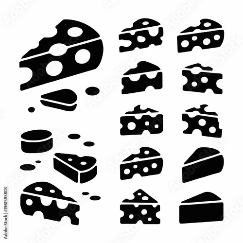 Cheese Vector Silhouette Icon Set: Black Minimalist Swiss, Maasdam, and Gouda Wedges Isolated on White Background