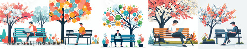 vector of man sitting on a park bench with a laptop in spring
