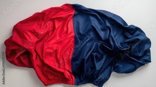 reversible. A reversible jacket lying on a plain surface, one side blue and the other red. lifestyle magazines, social media lookbooks, designed for lifestyle magazines and social media content.