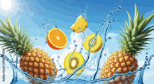 A vibrant still life of pineapples and sliced citrus fruits splashing into water, with a bright blue sky background.