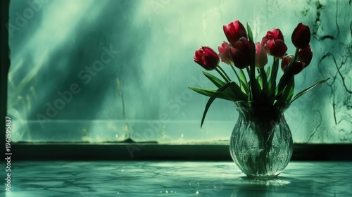 Red Tulips in Glass Vase with Water Droplets