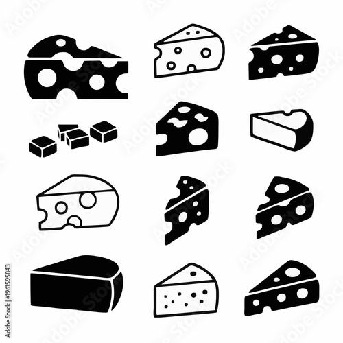 Cheese Silhouette and Outline Icon Set: Minimalist Swiss Wedges, Cubes, and Gourmet Slices Isolated on White