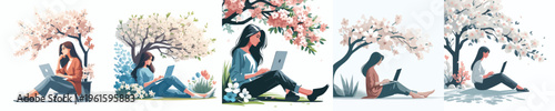 vector of woman sitting on tree with a laptop in spring