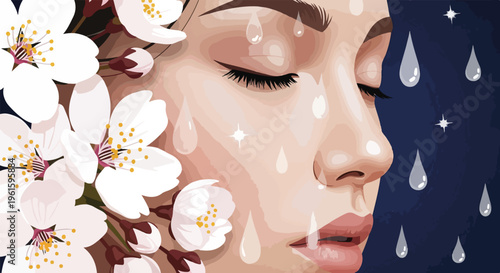 A serene woman with closed eyes surrounded by cherry blossoms and raindrops on her face, evoking a sense of calm and tranquility with water and floral elements.