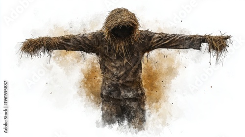 Rustic Scarecrow Leaning in Misty Morning Watercolor Art