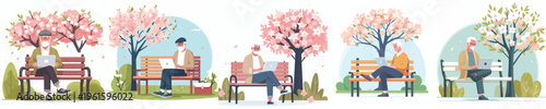 vector of grandpa sitting on a park bench with a laptop in spring