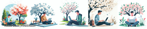 vector of man sitting on tree with a laptop in spring