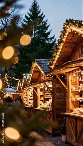 Wooden stalls at a traditional European Christmas market are beautifully illuminated with warm fairy lights under a twilight sky with festive pine trees.