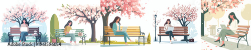 vector of woman sitting on a park bench with a laptop in spring