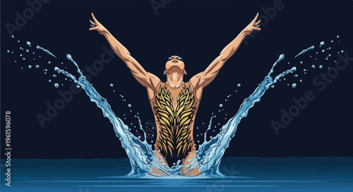 A woman emerges from the water with arms outstretched, surrounded by splashes, against a dark background with a dynamic and powerful mood.