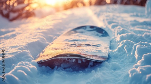 Snowboard Resting in Snowy Landscape During Golden Hour