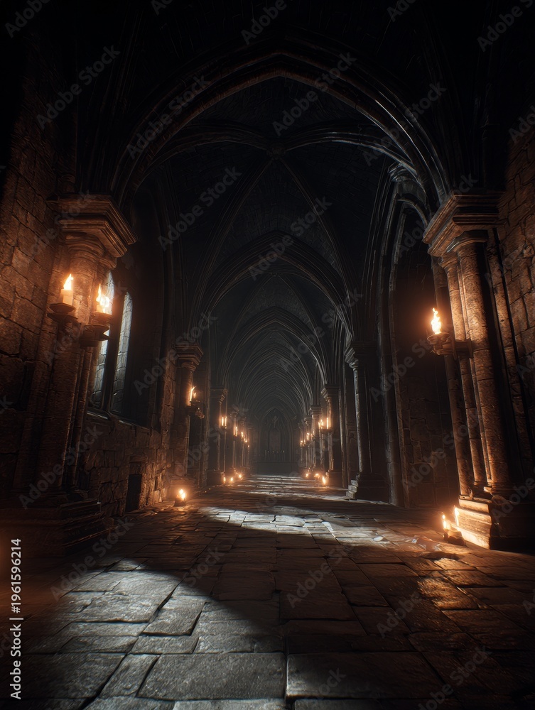 Obraz premium First-person view inside a gothic medieval castle with torch-lit corridors, high arches, old stone textures, dramatic cinematic lighting, immersive eerie 3D interior