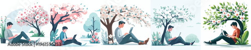 vector of man sitting on tree with a laptop in spring