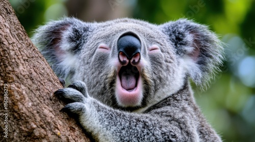 A Koala Captured Mid Yawn in a Leafy Treetop