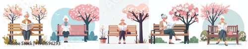 vector of grandma sitting on a park bench reading newspaper in spring
