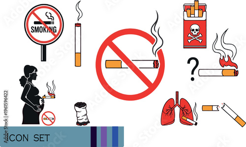 Print No Smoking and Healthcare Anti-Tobacco Icon Set