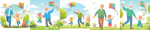 vector of happy grandpa with grandchild playing kite in spring