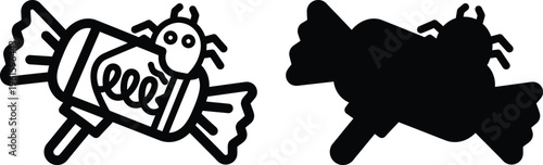 Two cartoon styled graphics of spider candy, one outline and one filled silhouette on transparent background