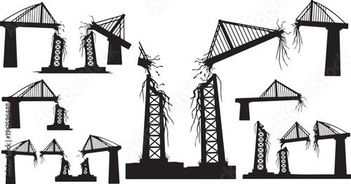 Crane Silhouettes in Various Positions and States of Operation