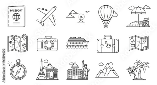 Collection of travel-related icons representing various aspects of tourism and exploration.