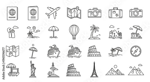 Collection of travel icons and symbols representing vacation and tourism.
