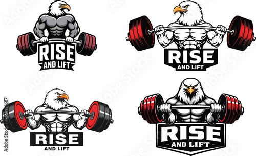 Muscular eagle weightlifters with rise and lift text variations