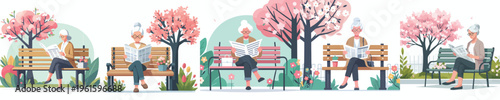 vector of grandma sitting on a park bench reading newspaper in spring
