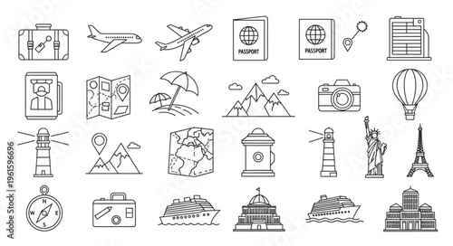 Collection of travel icons representing various aspects of tourism and exploration adventures.
