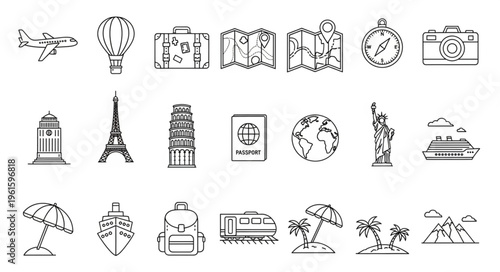 Collection of travel and tourism related icons and symbols in a line art style.