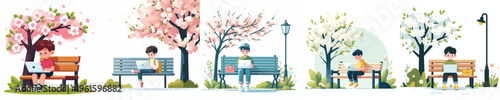 vector of little boy sitting on a park bench with a laptop in spring